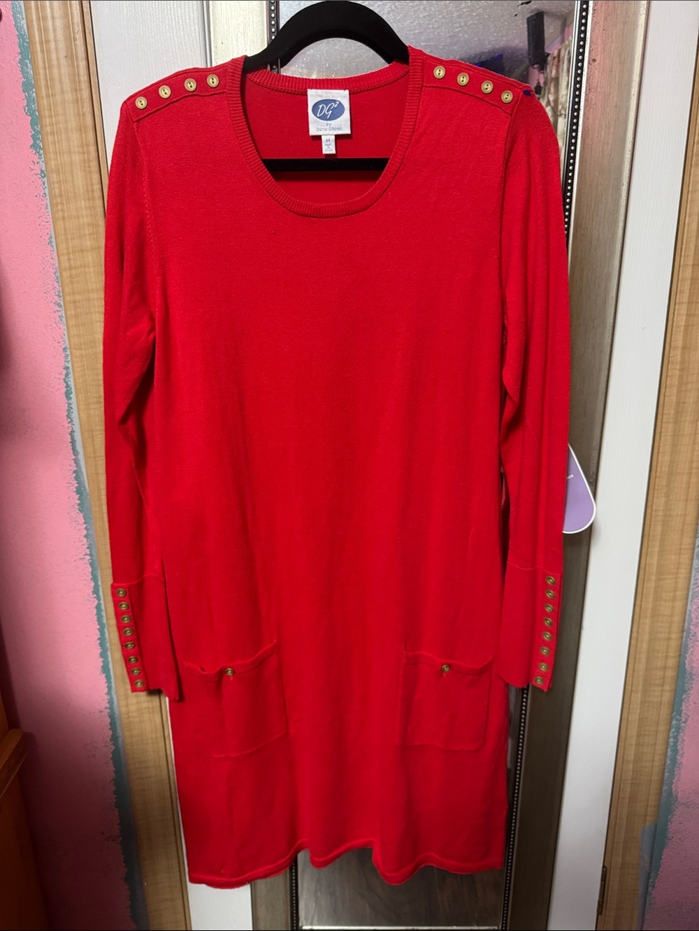 DG2 by Diane Gilman Bright Red Long Sleeve Knit Dress with Gold Buttons